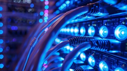 A server rack with multiple connected LAN cables and illuminated LED lights.