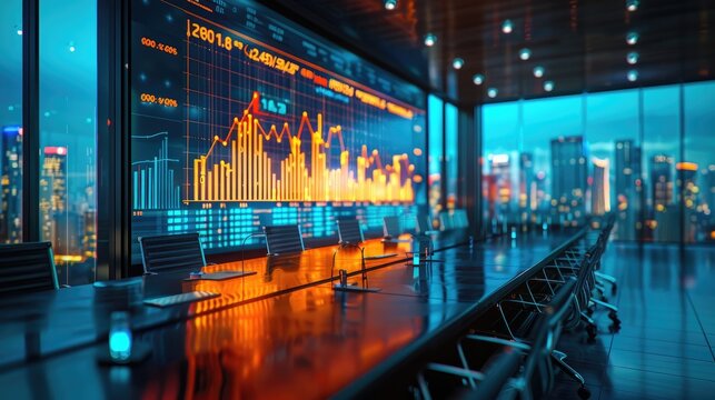 Modern office conference room with digital stock market display and city skyline view, illustrating financial analysis and business growth.