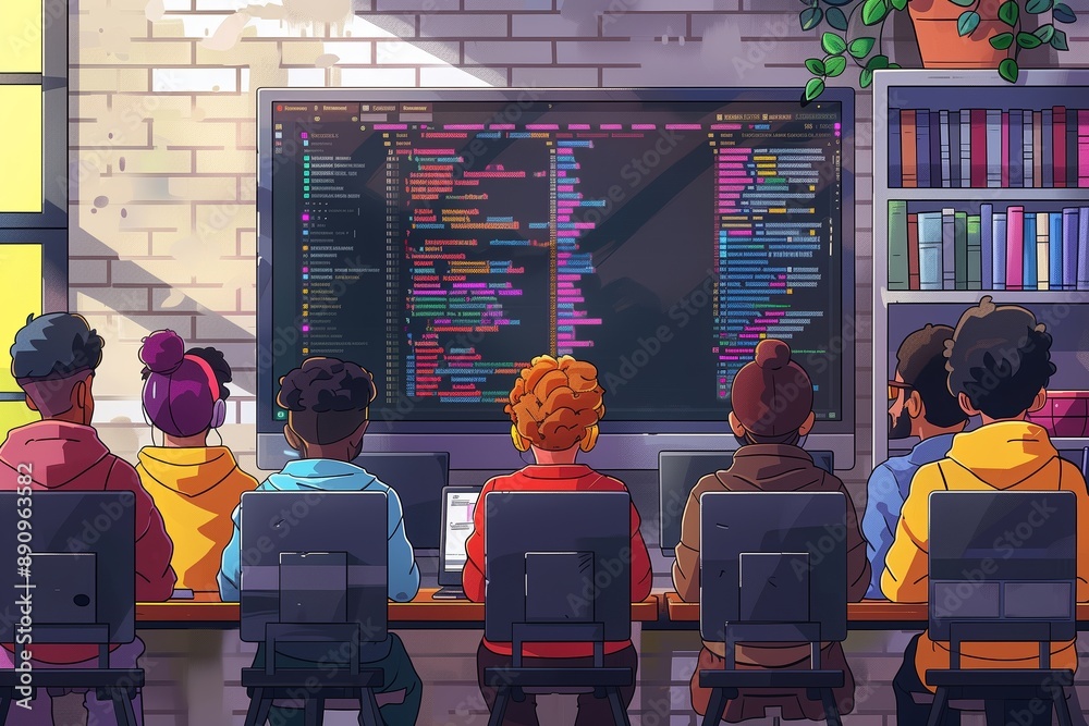 Poster diverse group of coders working on a large screen in a modern office setting