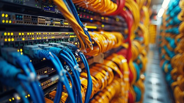 A tangle-free setup of Internet LAN cables connected to network hardware in a sophisticated and organized data center.
