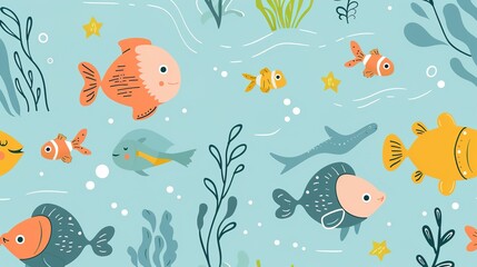 Obraz premium Seamless Pattern of Underwater Scene with Cute Cartoon Fish and Seaweed
