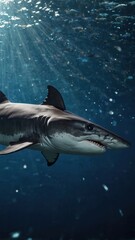 Fototapeta premium close-up of Great White Shark, cinematic, deep sea background