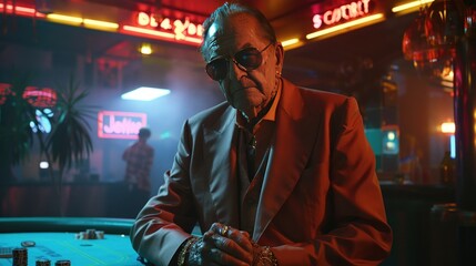 A 75-year-old man in an expensive suit stands next to a poker table. His thin hair was combed back. He wore aviator sunglasses.