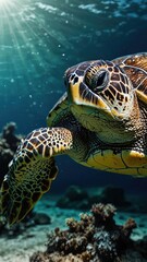Obraz premium close-up of Green Sea Turtle, cinematic, deep sea background