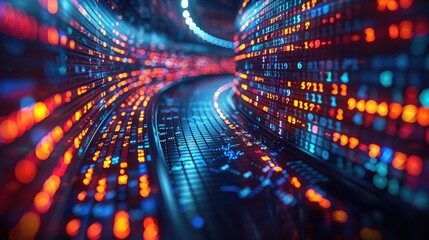 A futuristic digital data stream represents the concept of technology and big data. Vibrant colors illustrate complex information flow.