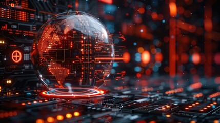 A futuristic digital globe surrounded by glowing circuits and data streams, symbolizing global connectivity and advanced technology.