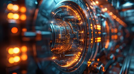 A futuristic, high-tech science laboratory with glowing orange lights and intricate machinery, depicting cutting-edge technology and innovation.