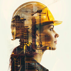 young woman in a yellow construction helmet against the background of construction workshop