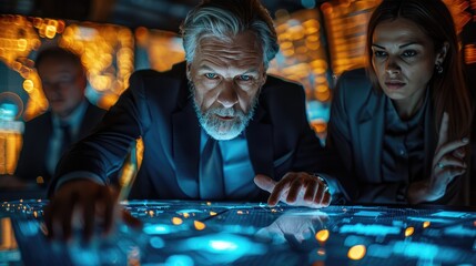 Focused business professionals analyzing data on a glowing digital screen in a high-tech control room, strategizing their next moves.