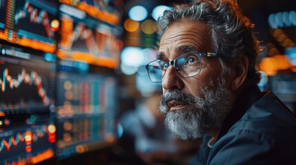 Focused man analyzing stock market data on multiple screens in a bustling trading office, immersed in financial analysis and decision making.