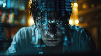 Focused programmer working intensively on a computer, surrounded by digital code projections in a dark room with a vibrant ambiance.