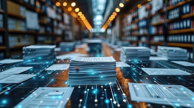 Digital technology integration in library, showcasing piles of documents on a table with a futuristic overlay in a modern archive setting