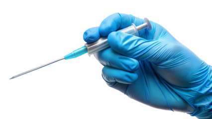 A gloved hand holds a syringe