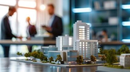 real estate developers, architects and businessmen team working on new business buildings project in office. complex scale model on the table