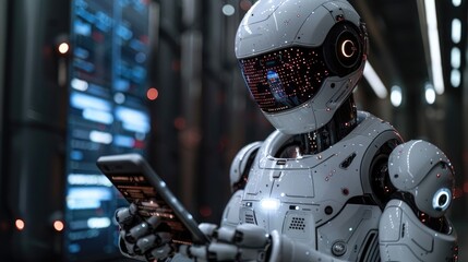 Fototapeta premium Futuristic robot analyzing data on a tablet in a high-tech environment. Technology and artificial intelligence concept.