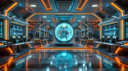 Futuristic sci-fi control room with advanced technology, neon lighting, and a central spherical interface. High-tech space for innovation.