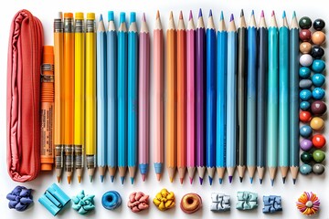 Obraz premium Colorful Pencils and Accessories Arranged on a White Background
