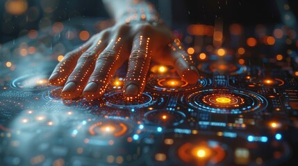 Hand touching a futuristic digital interface with holographic elements and vibrant colors, representing advanced technology and innovation.