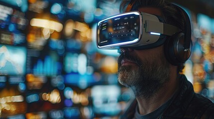 Man immersed in virtual reality experience, wearing VR headset with futuristic digital background, exploring innovative technology concepts.