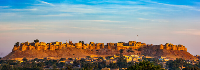 Panorama of Jaisalmer Fort - one of the largest forts in the world, known as the Golden Fort Sonar quila on sunrise. Jaisalmer, Rajasthan, India