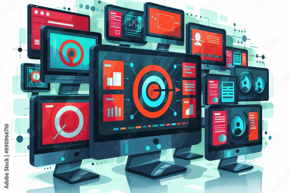 Poster multiple desktop computers displaying data and charts with a target icon