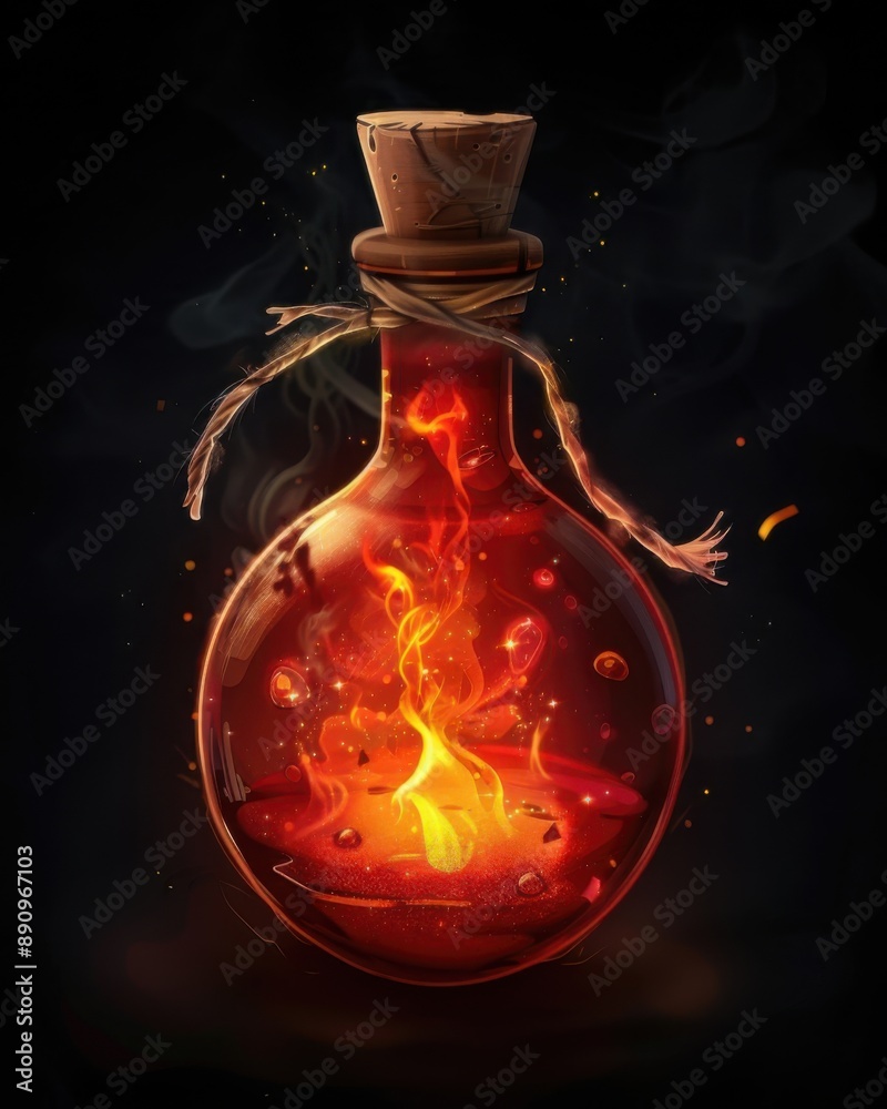 Wall mural fantasy game item concept art illustration, red magic potion with a fire inside, solid black background --ar 4:5 --style raw Job ID: 59a05f3f-f3e3-4bab-a587-27be78161b4c