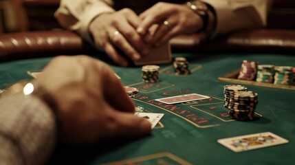 a vintage style poker table, in Las Vegas Casino, someone dealing cards, poker chips on table