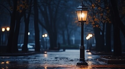 A Single Streetlight Illuminates a Foggy Night
