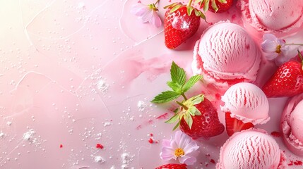 Promotional flyer background for Strawberry Icecream scoops with a large copy space at the top