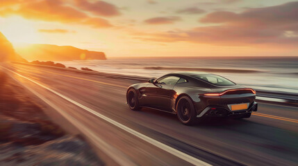 Sleek sports car speeding on a coastal highway at sunset