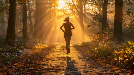 Fototapeta premium Woman running jogging in the forest or park 