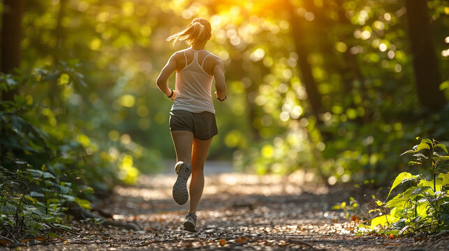 Woman running jogging in the forest or park
