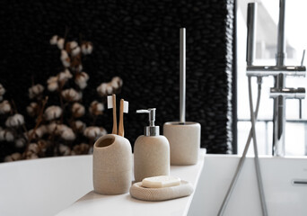 Body care. Bathroom accessories.A set of bathroom accessories. Dispenser for liquid soap. Glass for a toothbrush. 
