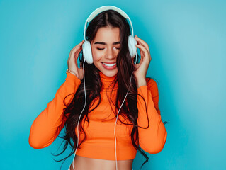 Headshot of surprised curly haired European woman stares amazed at camera wears stereo headphones on ears listens music