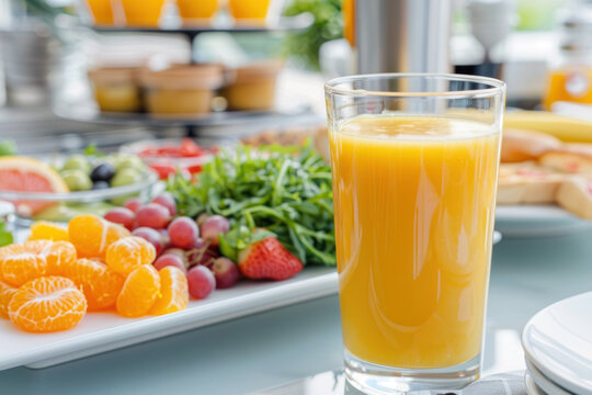 A cup of orange juice and buffet breakfast in hotel restaurant