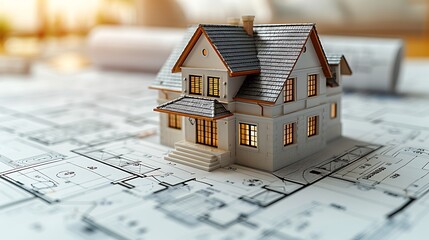 A classic architectural blueprint with a house model, showcasing real estate investment opportunities in a traditional setting 