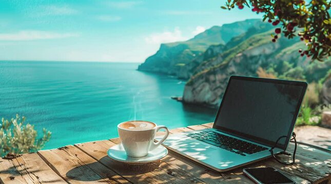 Coffee and laptop on a table by a quiet beach on a sunny day
  Seamless looping 4k time-lapse virtual video animation Generated AI