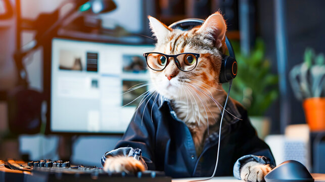 Feline Telecommuter Adorable cat wearing a call center uniform sitting at a desk and working on a computer with headphones on representing the concept of remote work productivity and tech savvy pets