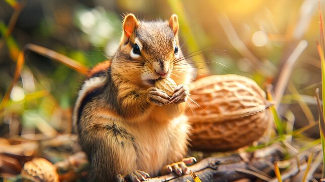 Adorable woodland chipmunk sitting on the forest floor and gathering a peanut in its cheeks to store for the upcoming winter season
