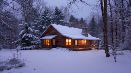 Snow-covered log cabin with warm light glowing from windows in the twilight