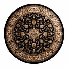 Naklejka premium Elegant Round Oriental Rug with Intricate Floral Patterns in Black and Beige Colors