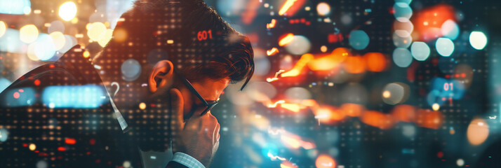 Man in Stressful Work Environment with Digital Data Overlays at Night