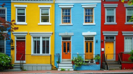Vibrant street life in front of colorful terraced houses with unique facades