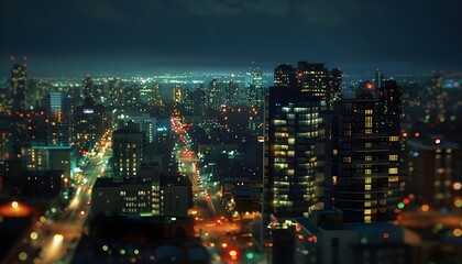 Obraz premium City night with building skyline and skyscraper