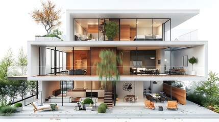 A modern house being built with detailed floor plans and a 3D model, representing innovative architectural design 