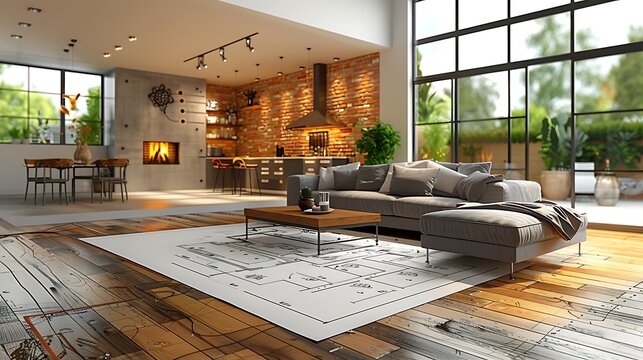 A traditional interior design layout with architectural blueprints, ideal for real estate investment opportunities 