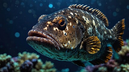 close-up of Queensland Grouper, cinematic, deep sea background