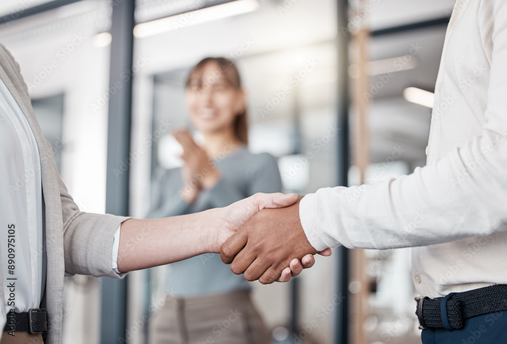 Wall mural Business people, meeting and thank you with handshake for agreement, deal or partnership at office. Closeup of colleagues or employees shaking hands in teamwork for b2b, hiring or recruiting together