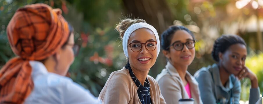 Community health workers hosting a wellness workshop, diverse group, outdoor setting, photorealistic, warm tones, inclusive atmosphere