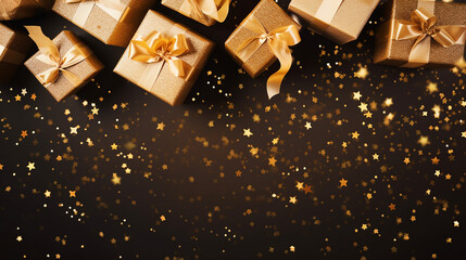 Gift Boxes and Stars Confetti on Golden Table